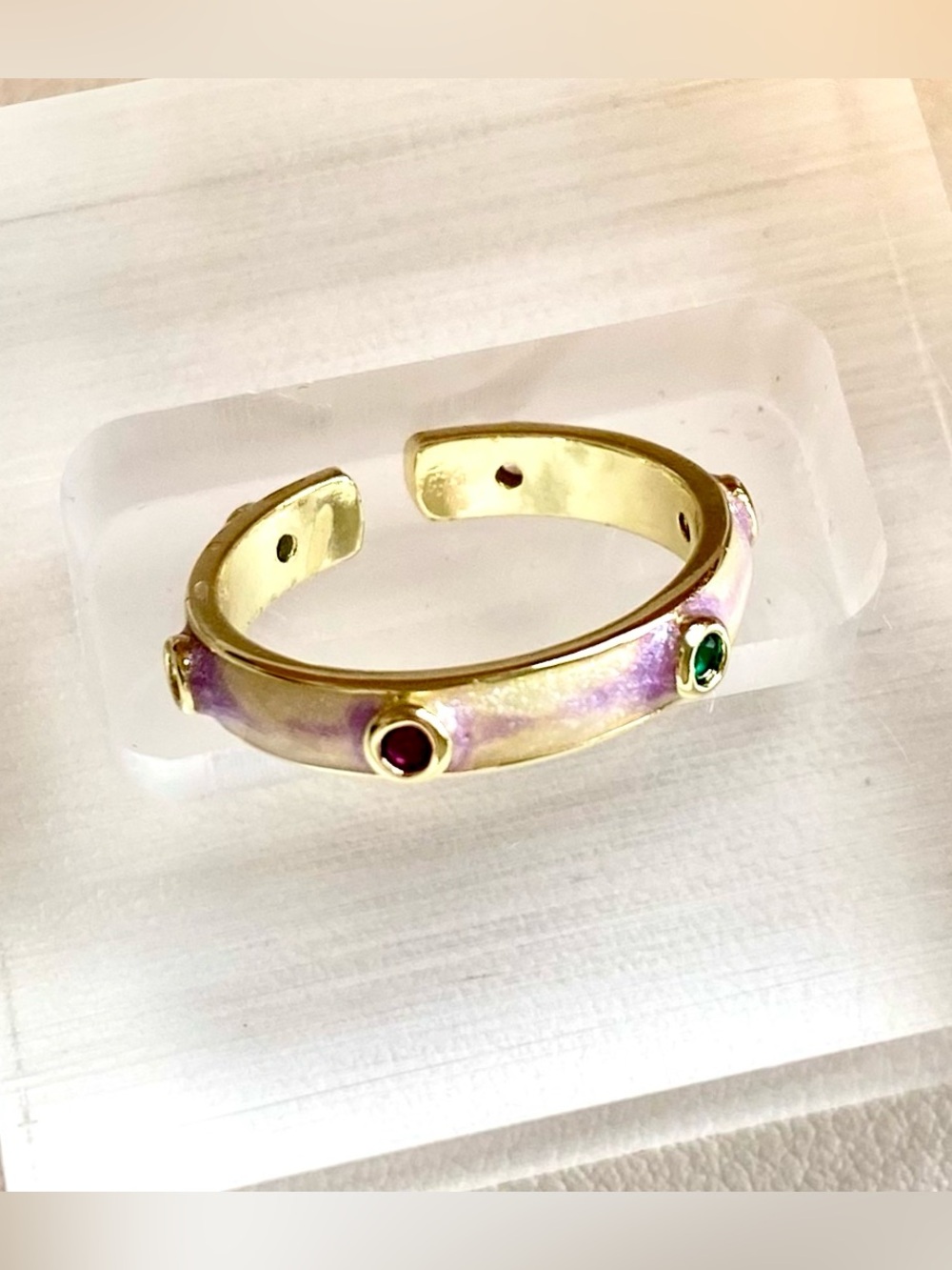 Gold Tone purple Enamel Cuff Bracelet with Multi-Colored Stones